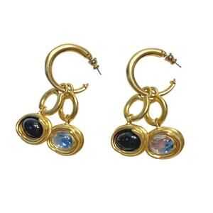 Gold Hoop pierced earrings drop dangle black & clear white drops designer chic